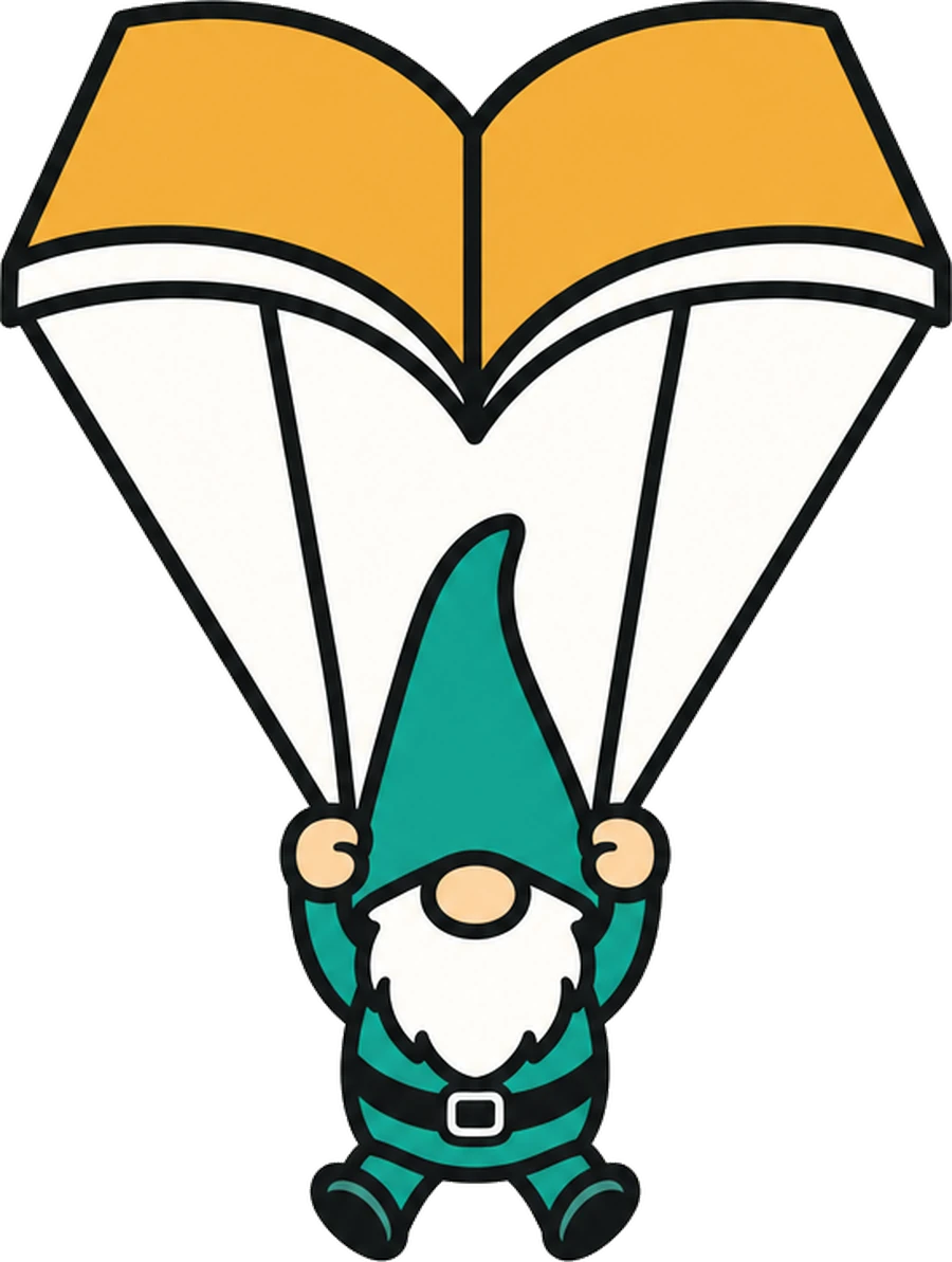 A gnome parachuting beneath an open book used as a canopy