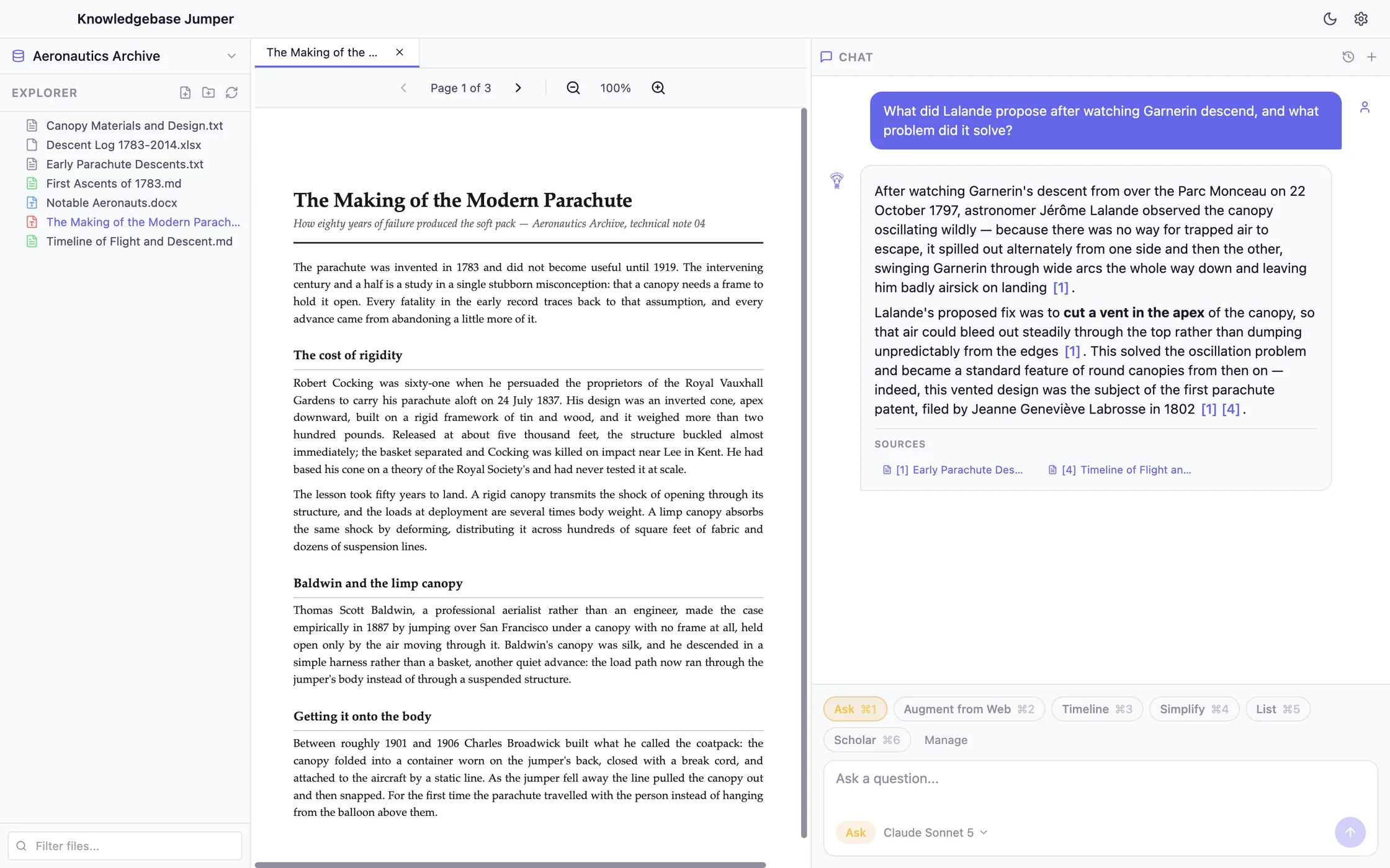 The app showing a folder of documents on the left, a PDF open in the middle, and a chat answer on the right with numbered citations and a list of sources.