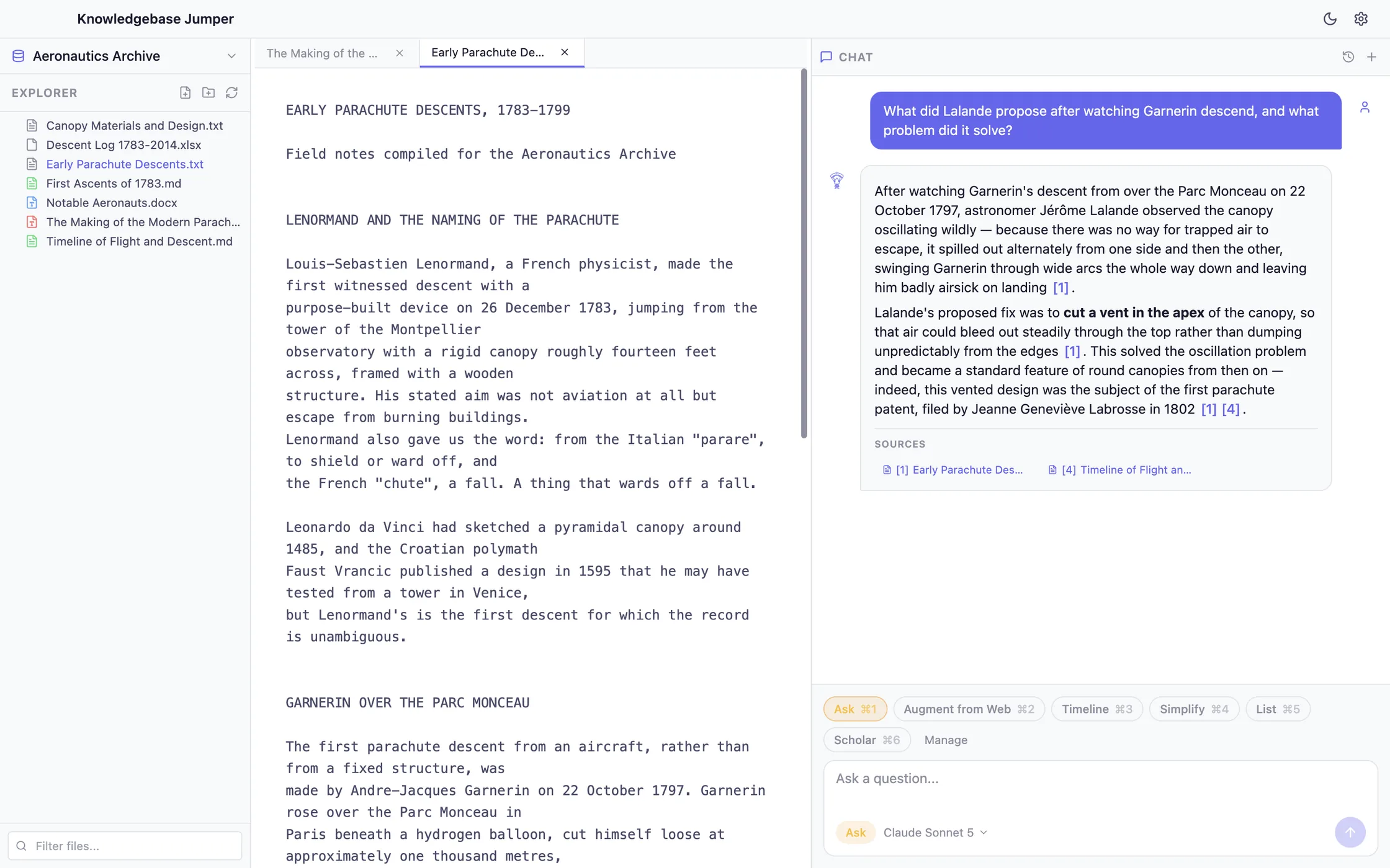 Clicking a citation opens the cited text file in a new tab beside the answer.