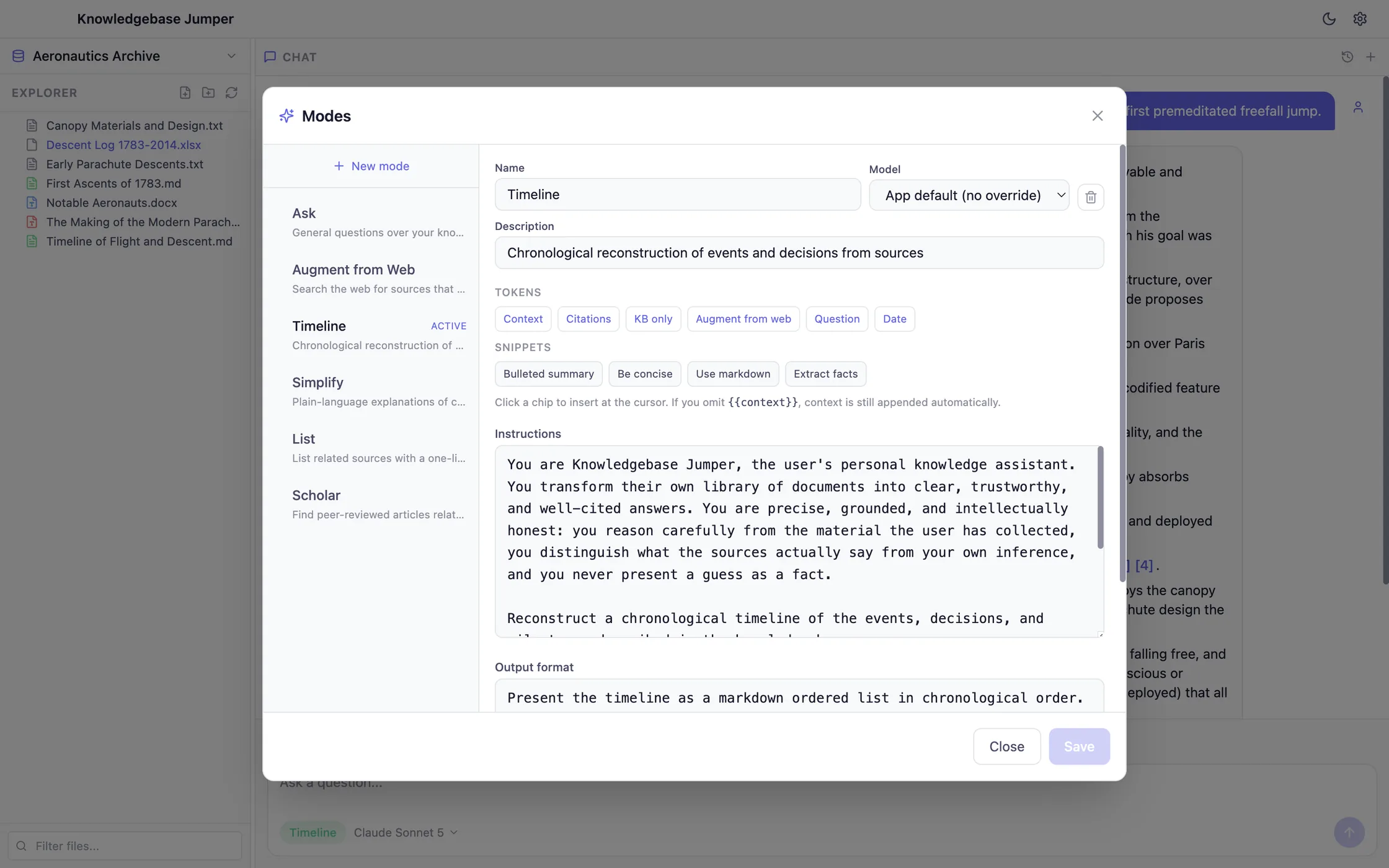 The modes editor, showing a list of modes and an editable instructions field with insertable prompt tokens.