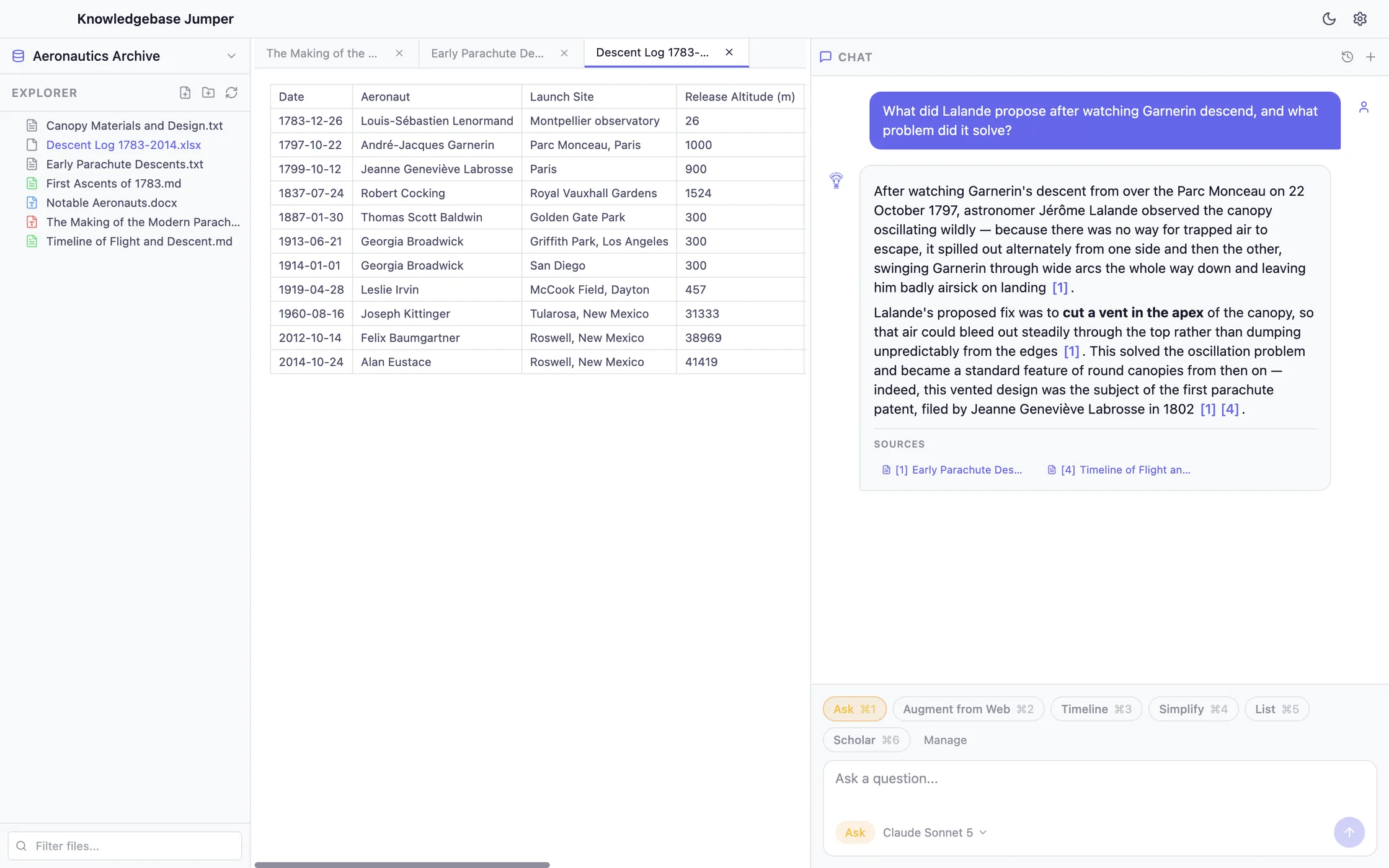 A spreadsheet rendered inside the app next to the file tree and chat panel.