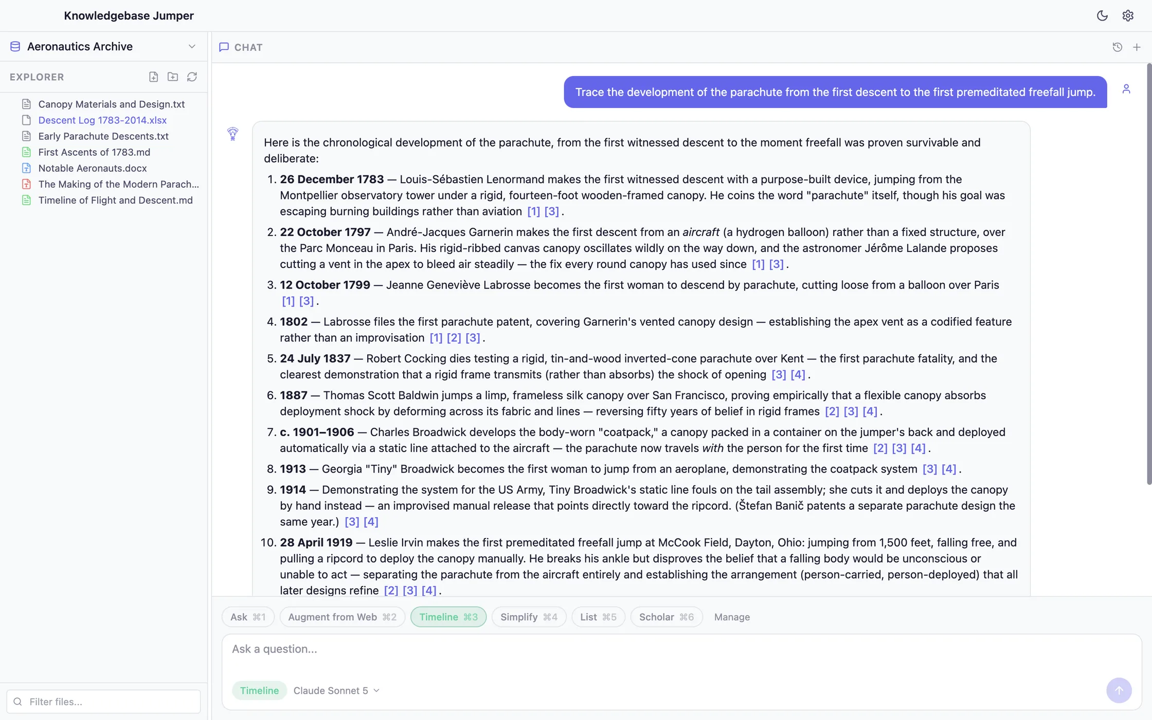 Timeline mode returning a numbered chronology of events, each entry dated and cited.